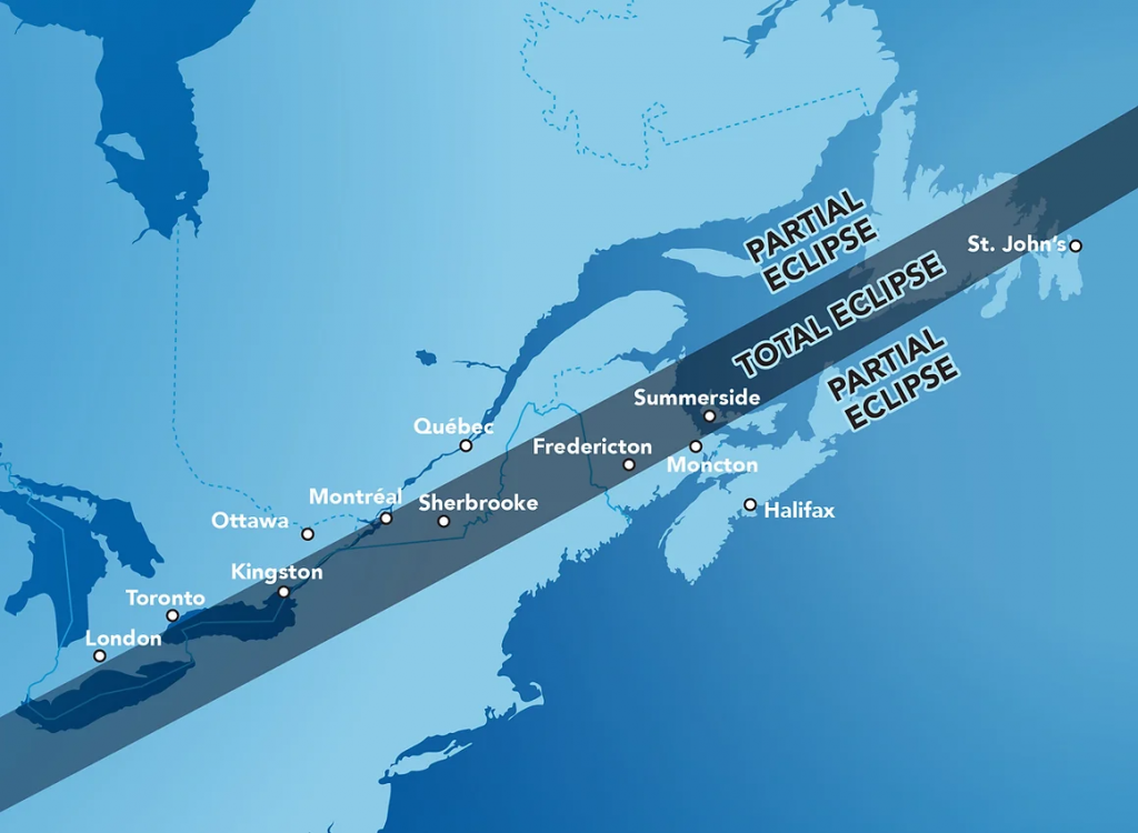A map of eastern Canada showing the path of totality of the April 8, 2024 eclipse. It covers Kingston, the majority of Montreal, Sherbrooke, Fredericton, and Summerside. London, Toronto, Ottawa, Quebec, Moncton, Halifax, and St. John's sit just outside the path of totality.